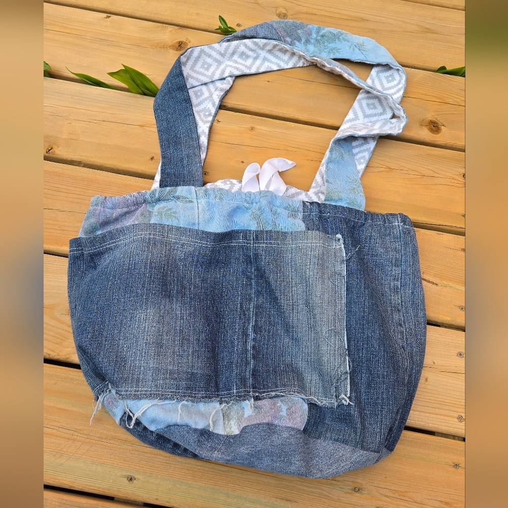 UPCYCLED Denim Oversized Tote Bag w Large Pockets and Round Bottom
